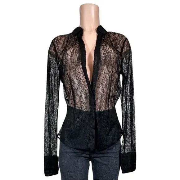 LAQUAN SMITH Lace Button Down Shirt SZ L $495 - Picture 5 of 16